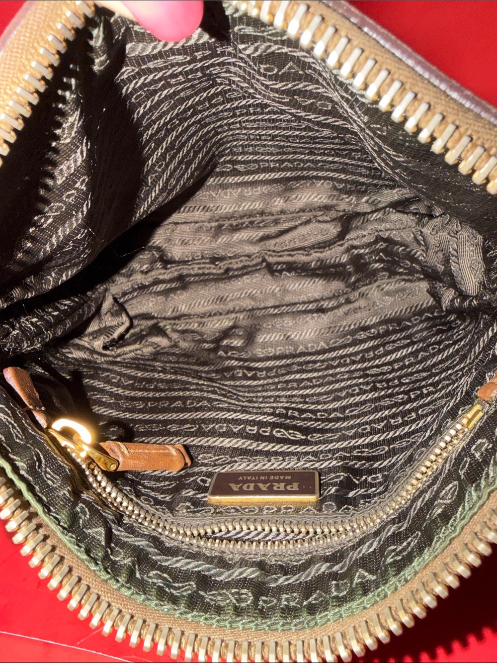 Prada Olive Green Nylon Crossbody with Brown Leather Trim and Beige Strap - Picture 7 of 12